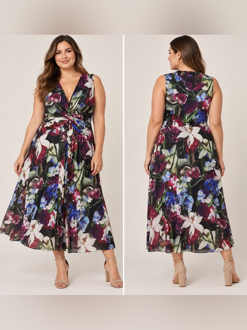 Anne Klein Black Floral V-Neck Tie-Waist Midi Dress size 16